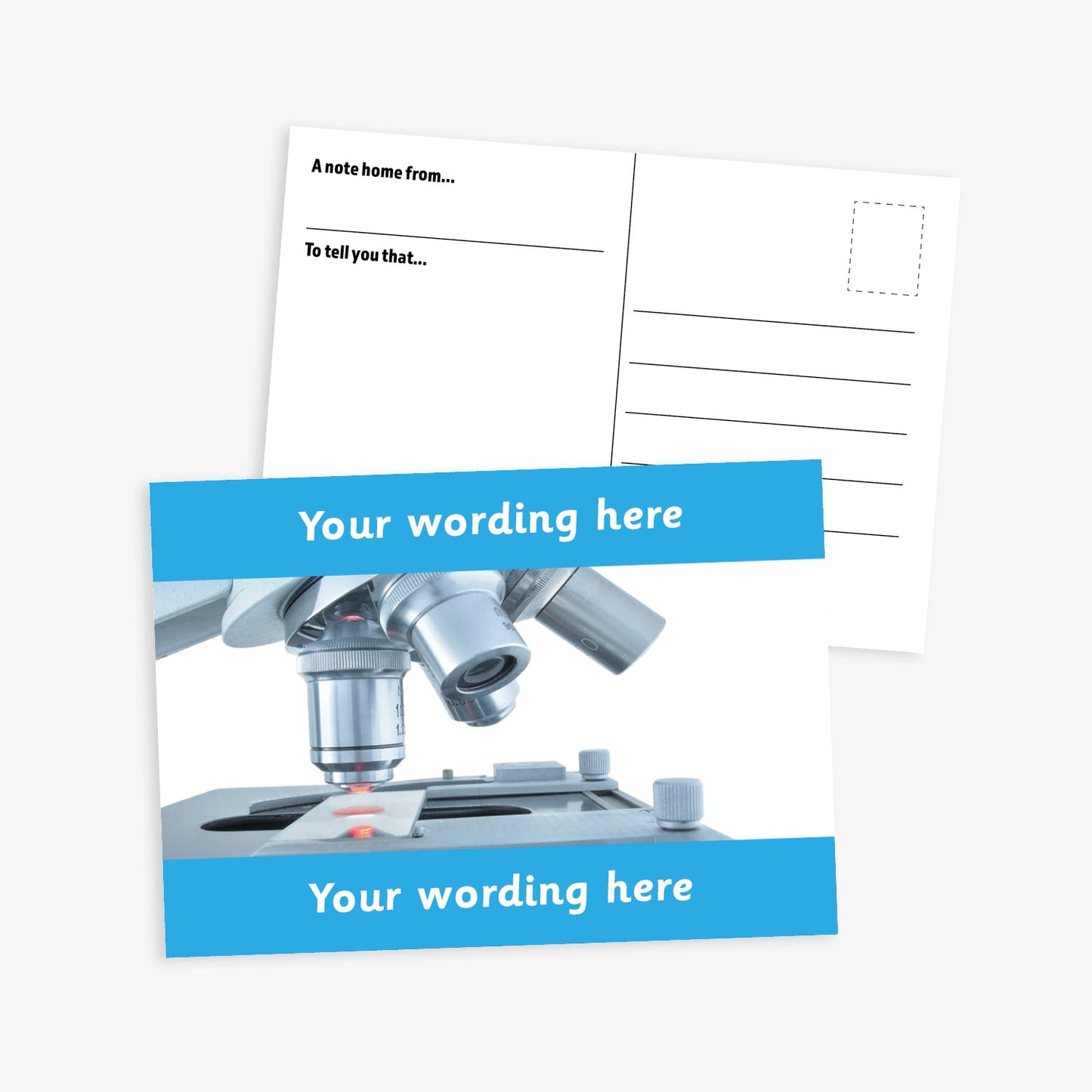 An A6-sized personalised postcard featuring a microscope looking at a slide.  Cyan borders to the top and bottom of postcard have space for customisation. 