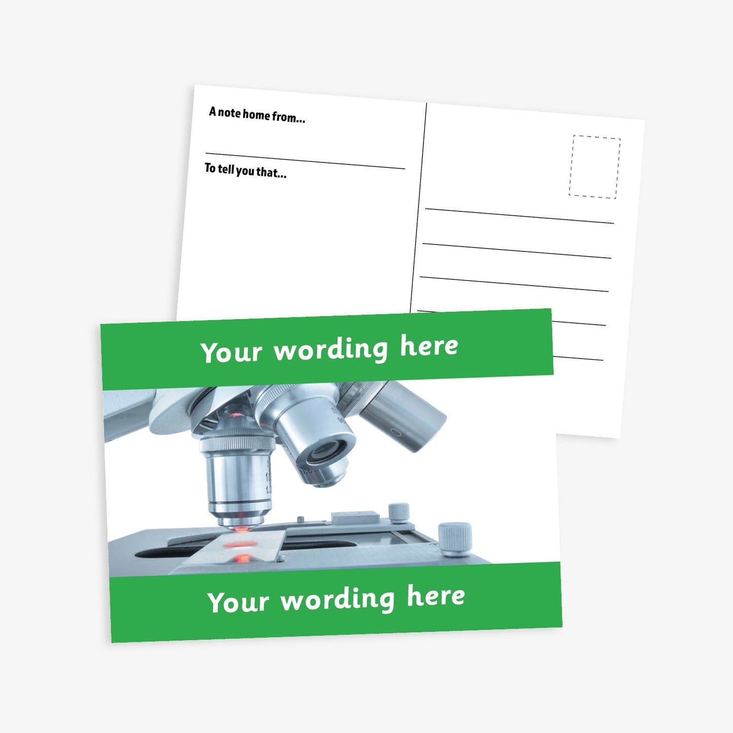 An A6-sized personalised postcard featuring a microscope looking at a slide.  Green borders to the top and bottom of postcard have space for customisation. 