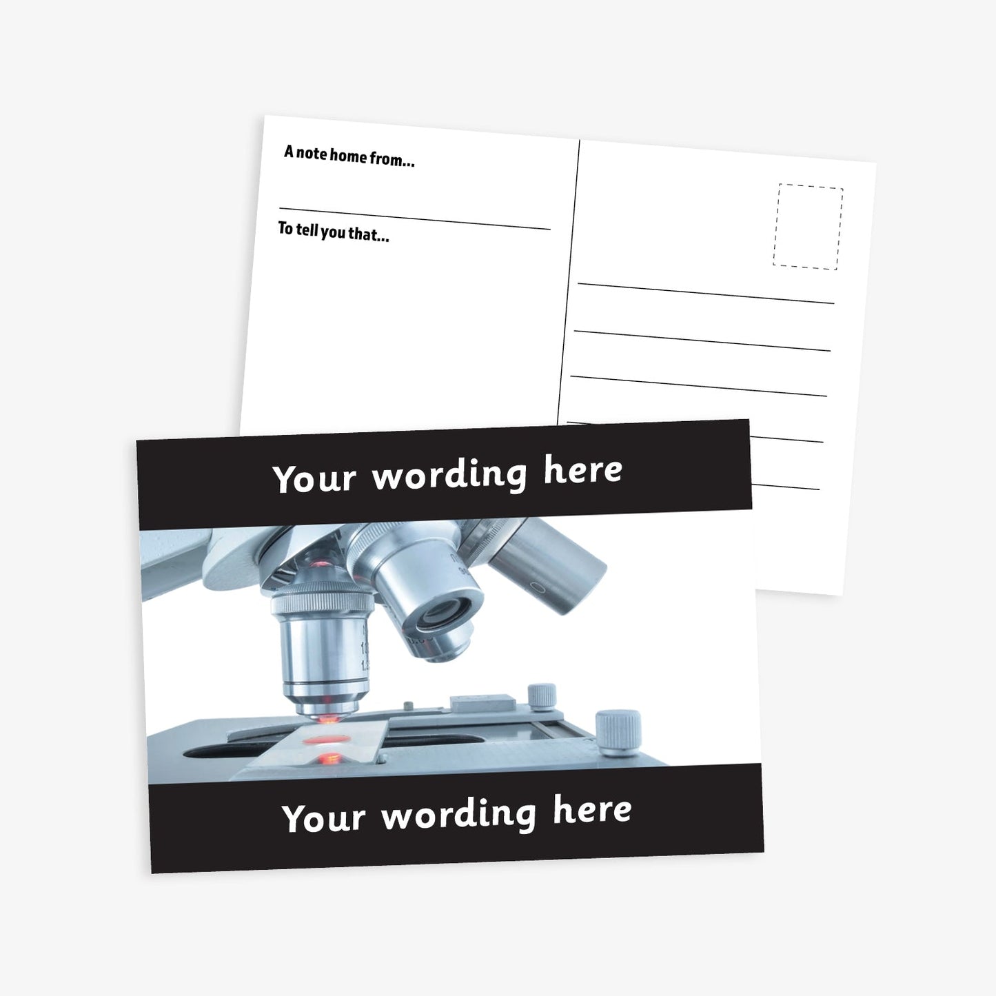 An A6-sized personalised postcard featuring a microscope looking at a slide.  Black borders to the top and bottom of postcard have space for customisation. 