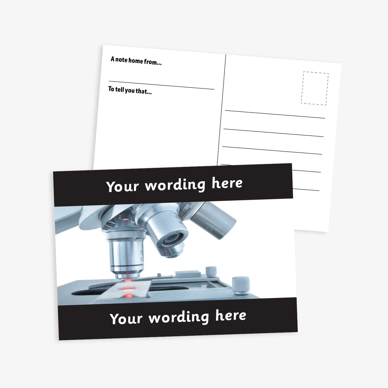 An A6-sized personalised postcard featuring a microscope looking at a slide.  Black borders to the top and bottom of postcard have space for customisation. 