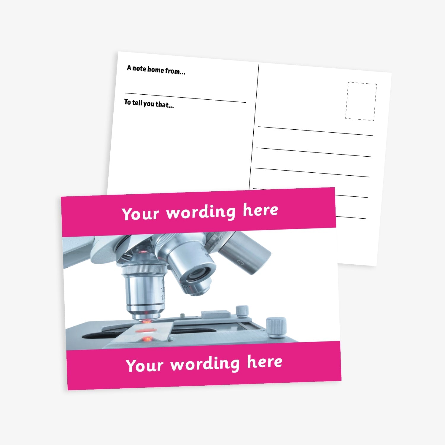 An A6-sized personalised postcard featuring a microscope looking at a slide.  Pink borders to the top and bottom of postcard have space for customisation. 