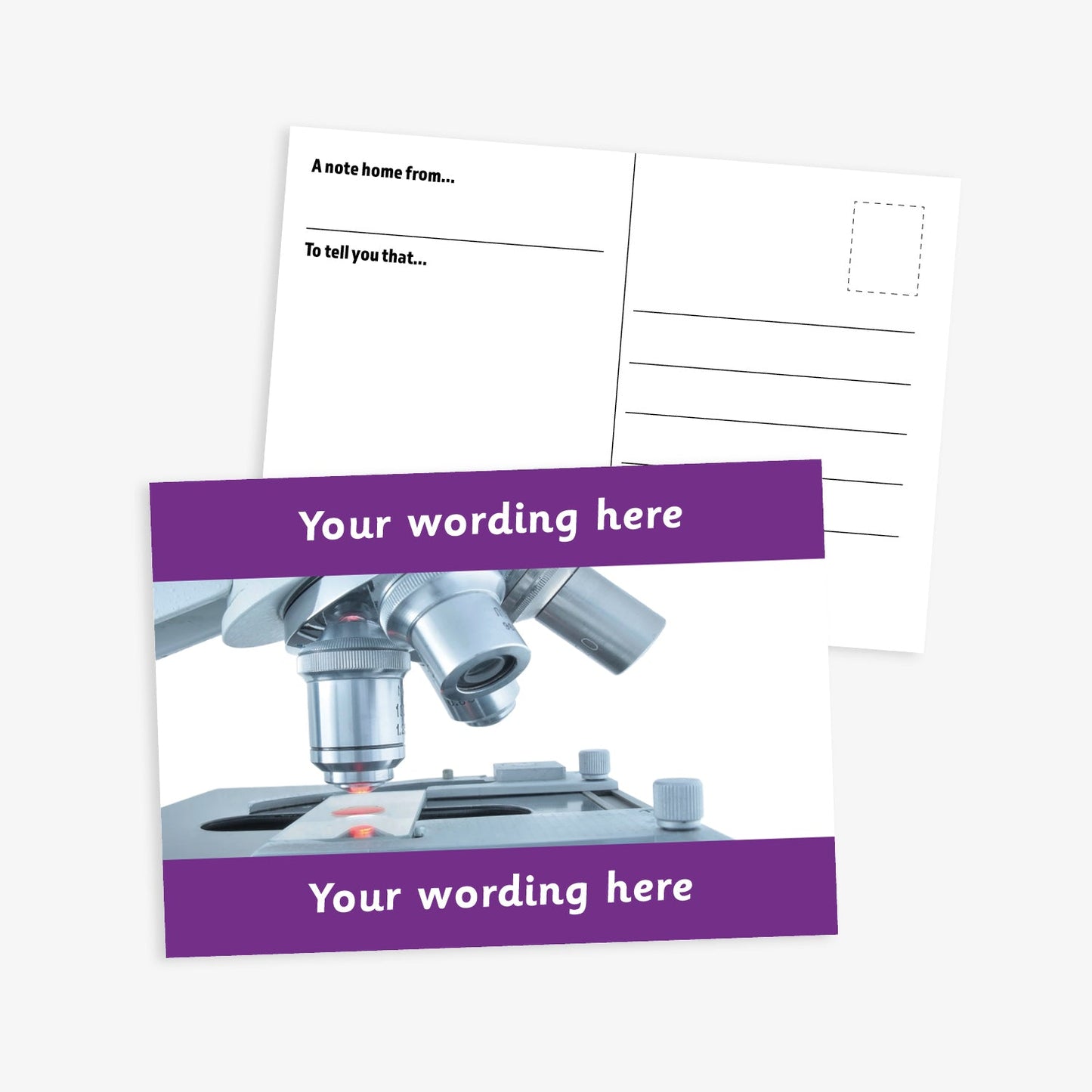 An A6-sized personalised postcard featuring a microscope looking at a slide.  Purple borders to the top and bottom of postcard have space for customisation. 