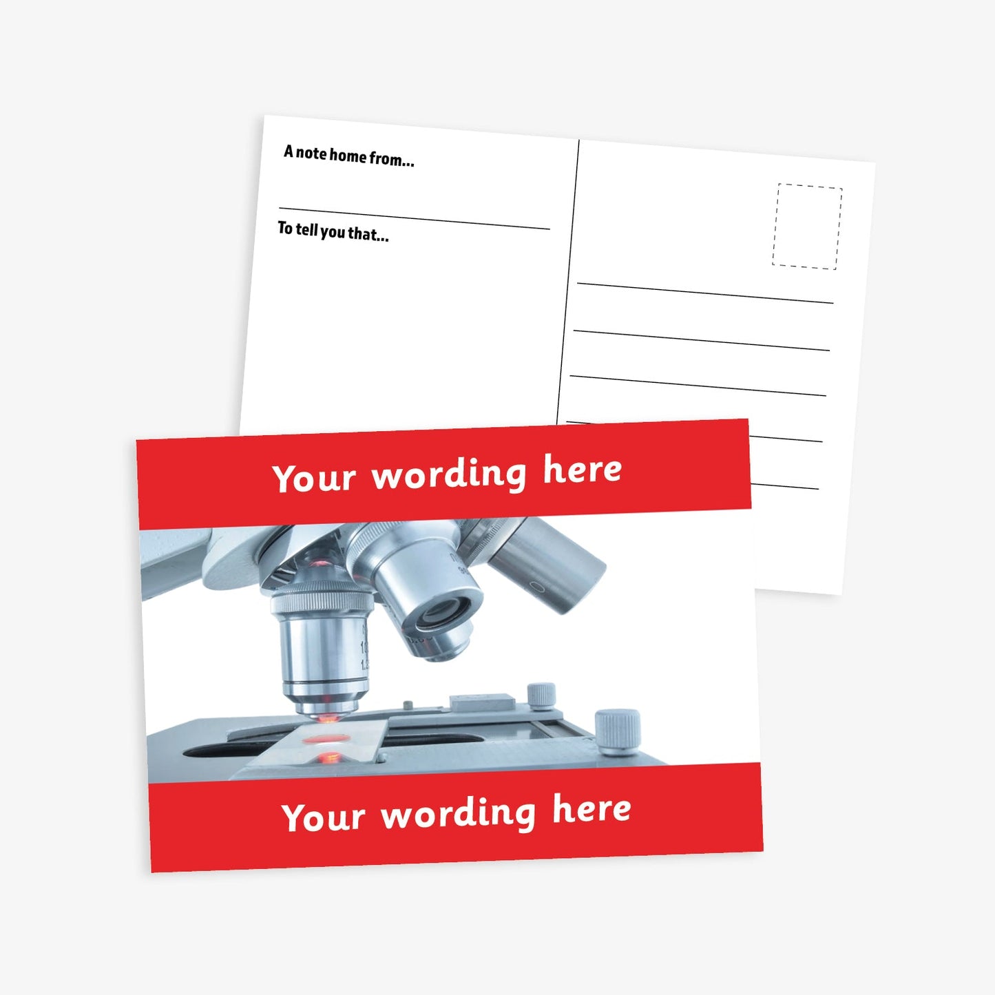 An A6-sized personalised postcard featuring a microscope looking at a slide.  Red borders to the top and bottom of postcard have space for customisation. 