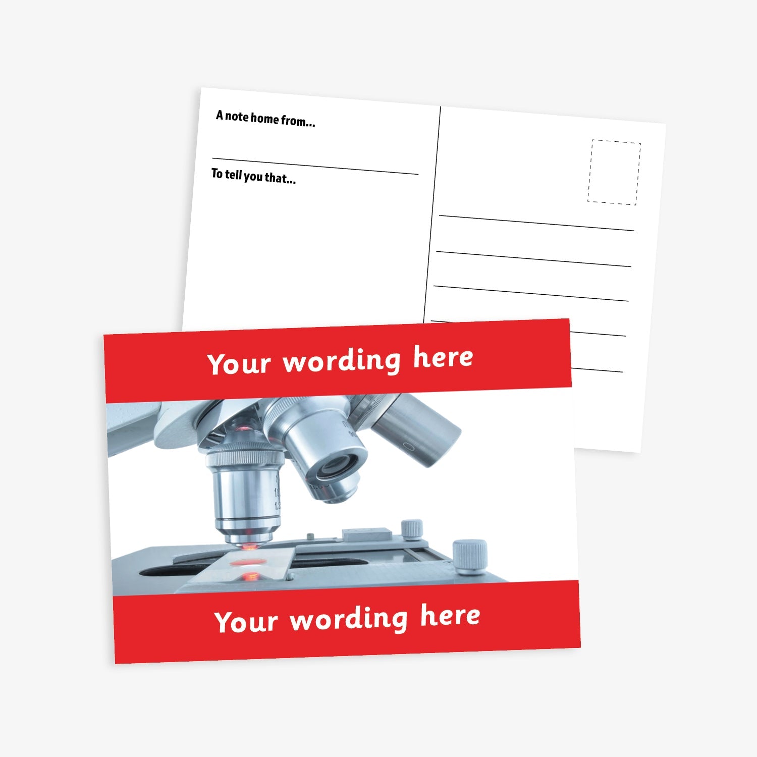 An A6-sized personalised postcard featuring a microscope looking at a slide.  Red borders to the top and bottom of postcard have space for customisation. 