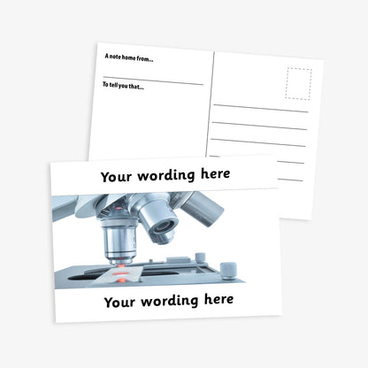 An A6-sized personalised postcard featuring a microscope looking at a slide.  White borders to the top and bottom of postcard have space for customisation. 