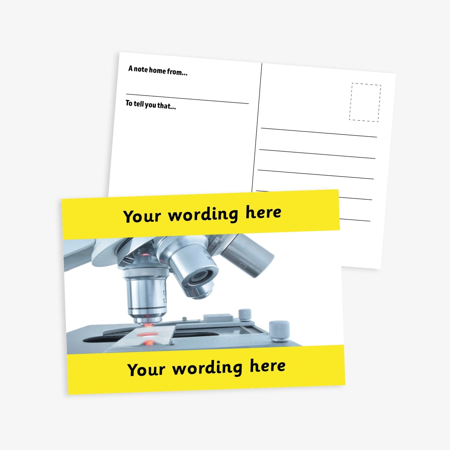 An A6-sized personalised postcard featuring a microscope looking at a slide.  Yellow borders to the top and bottom of postcard have space for customisation. 