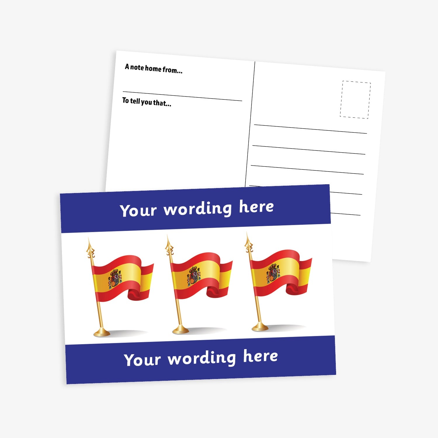 White postcard with three spanish flags on gold flagpoles central to the design.  Blue borders to the top and bottom of postcard have space for personalisation