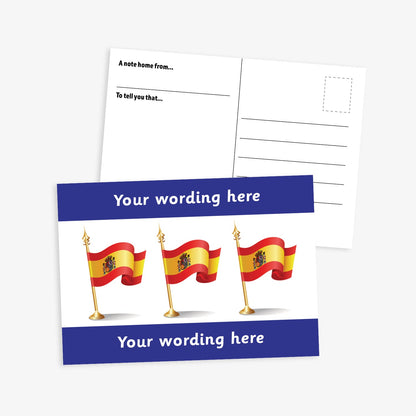 White postcard with three spanish flags on gold flagpoles central to the design.  Blue borders to the top and bottom of postcard have space for personalisation