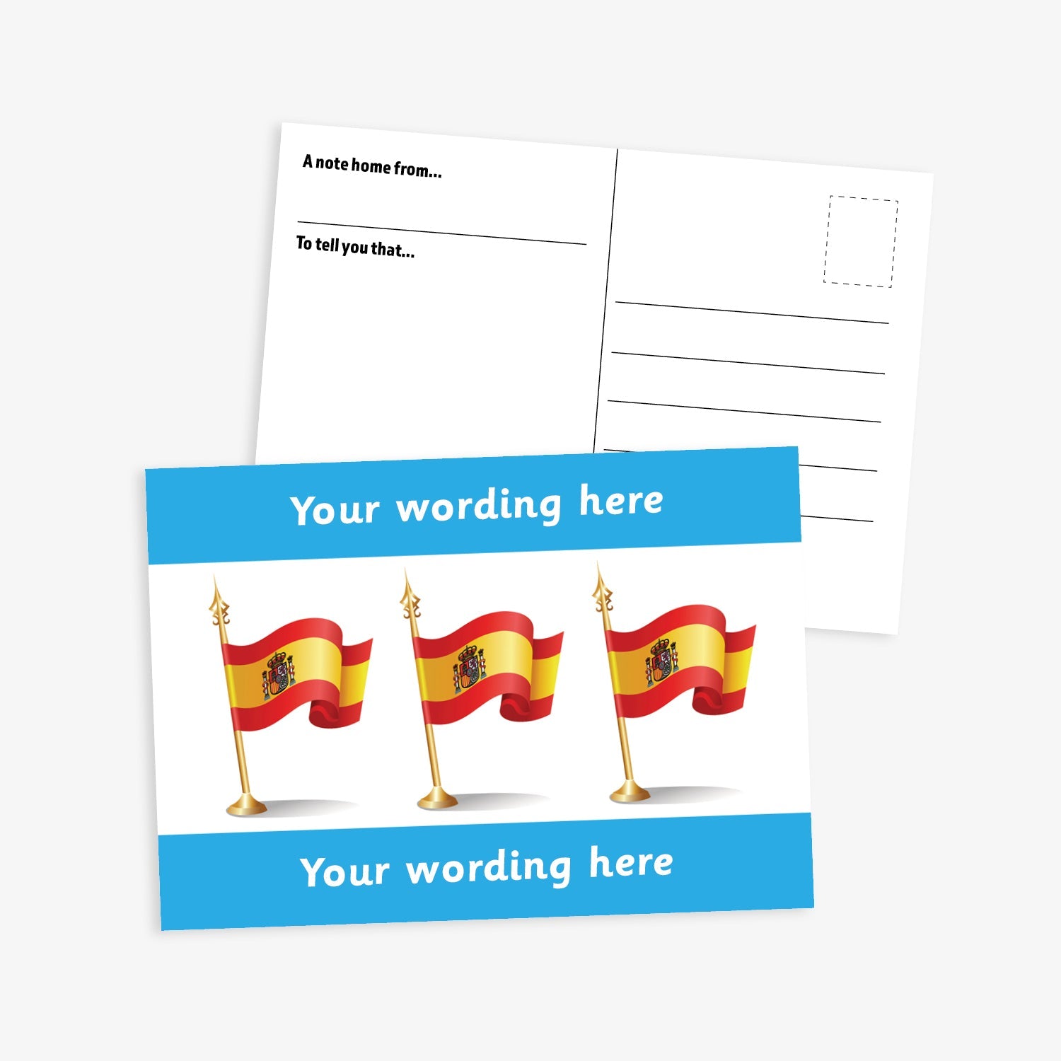 White postcard with three spanish flags on gold flagpoles central to the design.  Cyan borders to the top and bottom of postcard have space for personalisation