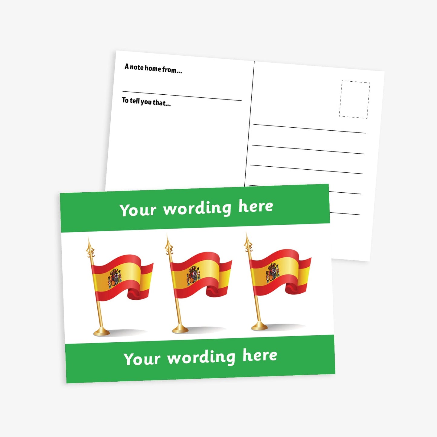 White postcard with three spanish flags on gold flagpoles central to the design.  Green borders to the top and bottom of postcard have space for personalisation
