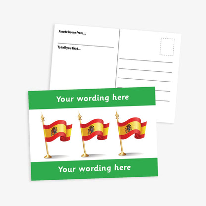 White postcard with three spanish flags on gold flagpoles central to the design.  Green borders to the top and bottom of postcard have space for personalisation