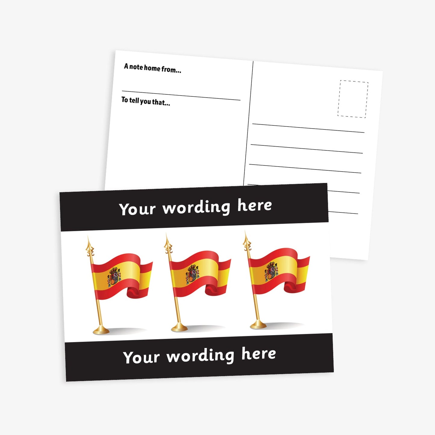 White postcard with three spanish flags on gold flagpoles central to the design.  Black borders to the top and bottom of postcard have space for personalisation