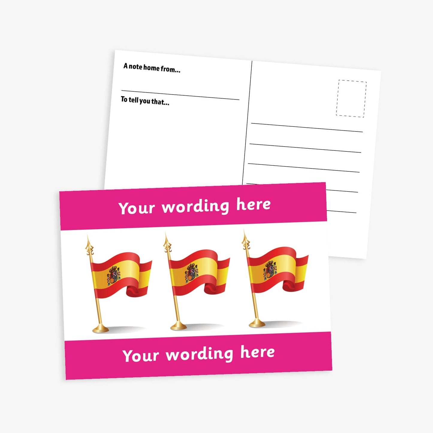 White postcard with three spanish flags on gold flagpoles central to the design.  Magenta borders to the top and bottom of postcard have space for personalisation