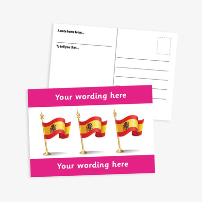 White postcard with three spanish flags on gold flagpoles central to the design.  Magenta borders to the top and bottom of postcard have space for personalisation