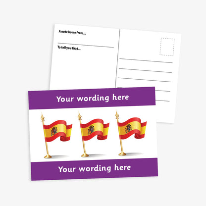 White postcard with three spanish flags on gold flagpoles central to the design.  Purple borders to the top and bottom of postcard have space for personalisation