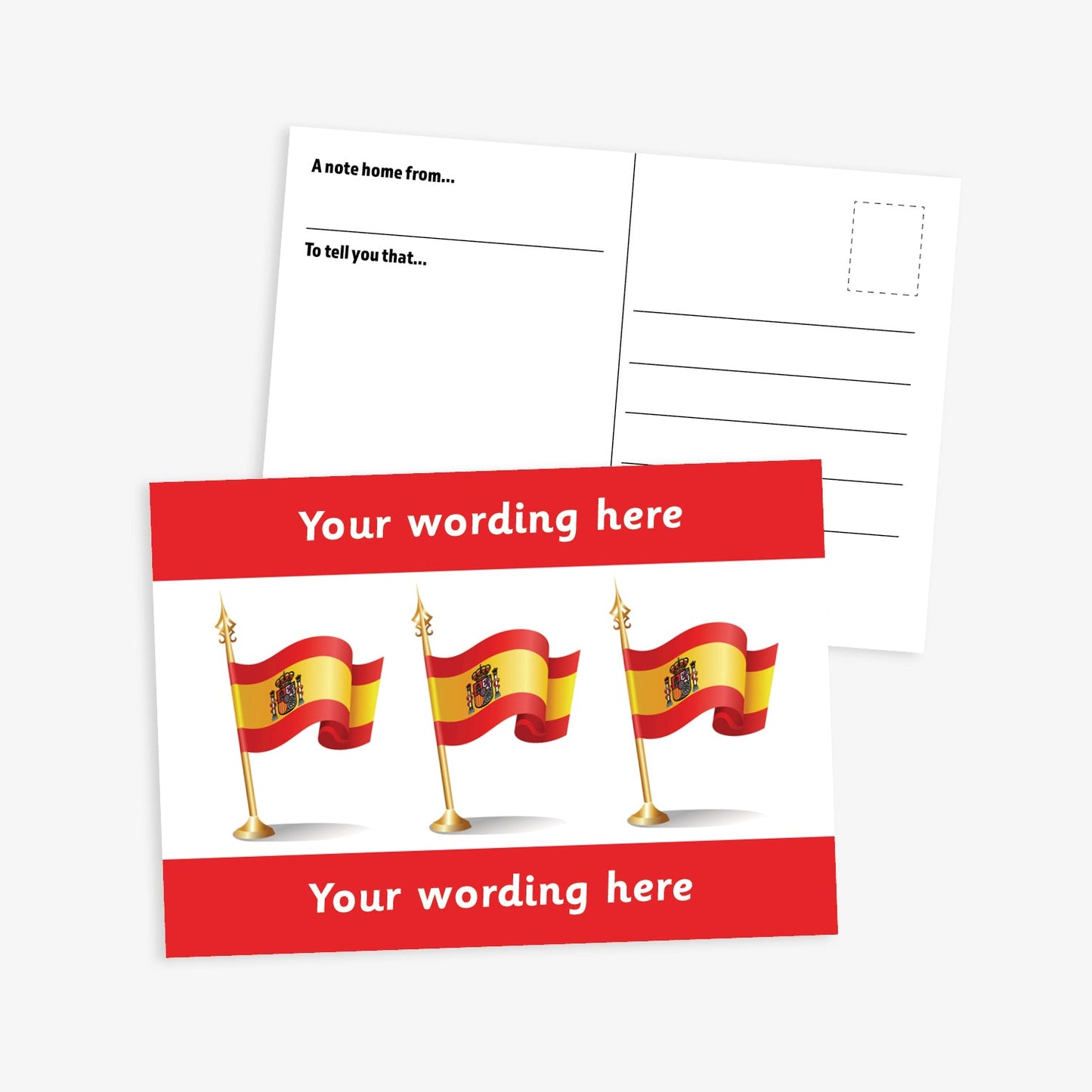 White postcard with three spanish flags on gold flagpoles central to the design.  Red borders to the top and bottom of postcard have space for personalisation