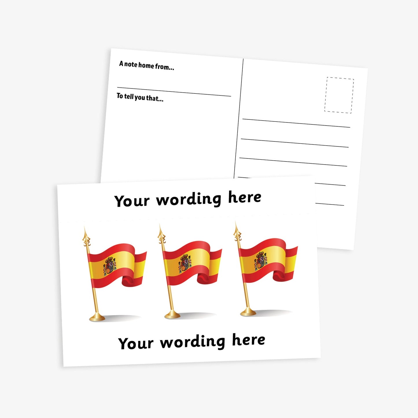White postcard with three spanish flags on gold flagpoles central to the design.  White borders to the top and bottom of postcard have space for personalisation