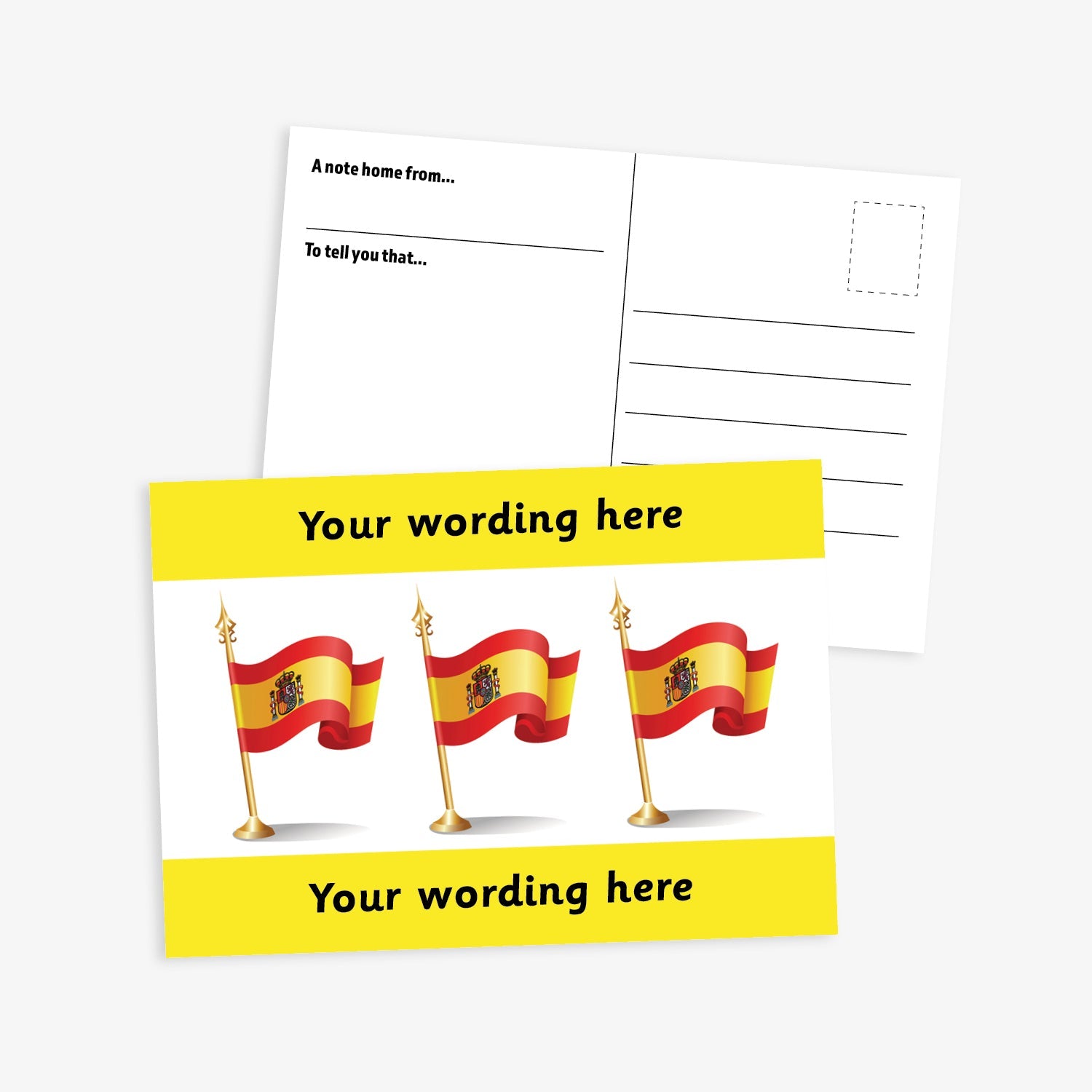 White postcard with three spanish flags on gold flagpoles central to the design.  Yellow borders to the top and bottom of postcard have space for personalisation