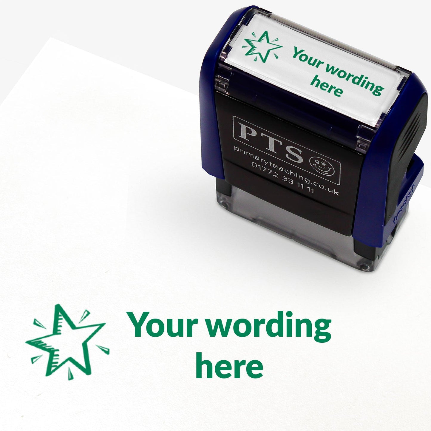 Rectangular self-inking stamper measuring 38mm by 15mm, featuring the phrase 'Your wording here' next to a shining star face in green ink.