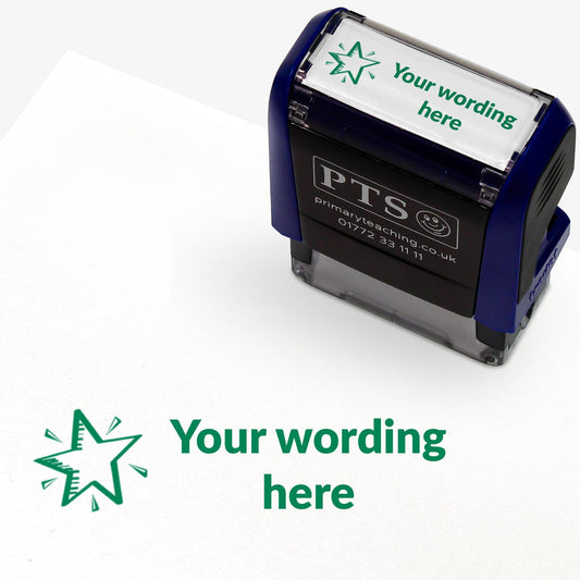 Rectangular self-inking stamper measuring 38mm by 15mm, featuring the phrase 'Your wording here' next to a shining star face in green ink.