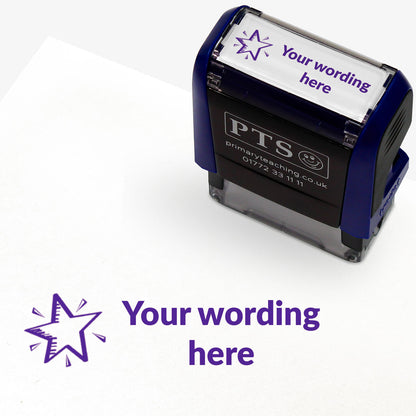 Rectangular self-inking stamper measuring 38mm by 15mm, featuring the phrase 'Your wording here' next to a shining star face in purple ink.