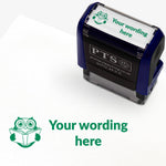 Rectangular self-inking stamper measuring 38mm by 15mm, featuring the phrase 'Your wording here' next to a wise owl reading a book in green ink.