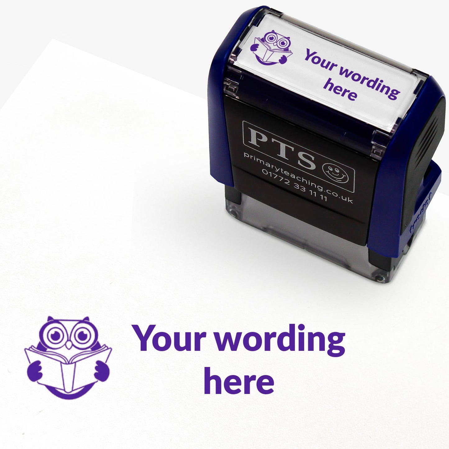 Rectangular self-inking stamper measuring 38mm by 15mm, featuring the phrase 'Your wording here' next to a wise owl reading a book in purple ink.
