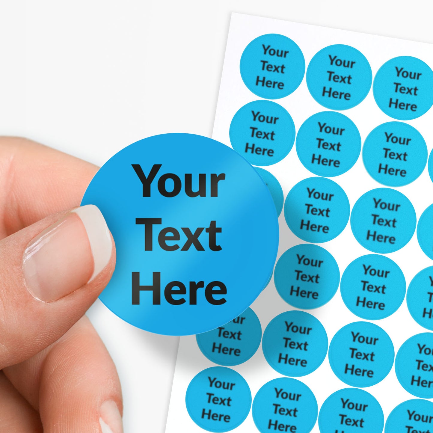 Sheet of blue circular stickers with black text saying 'Your Text Here'