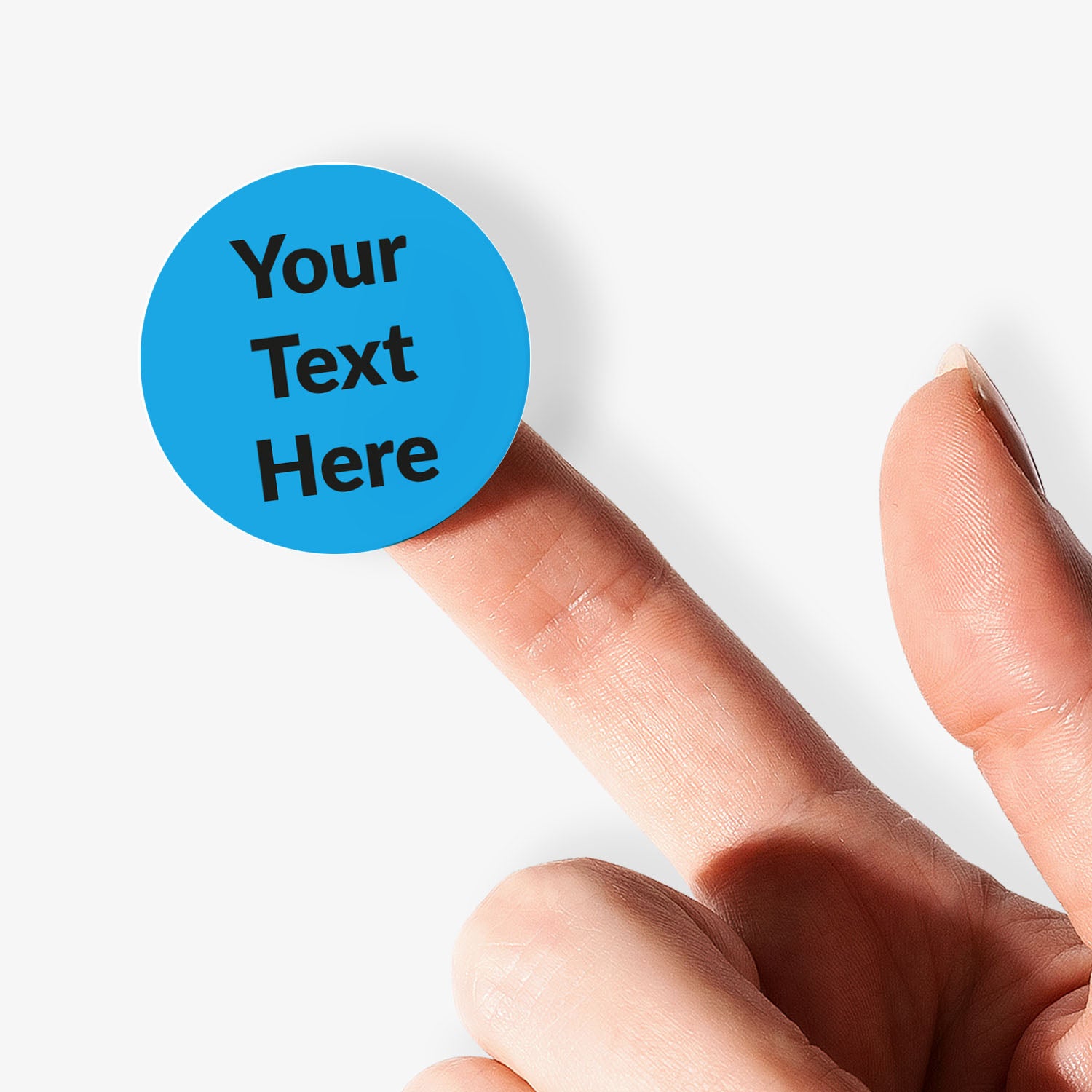 Blue circular stickers with black text saying 'Your Text Here'