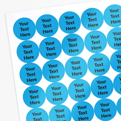 Sheet of blue circular stickers with black text saying 'Your Text Here'