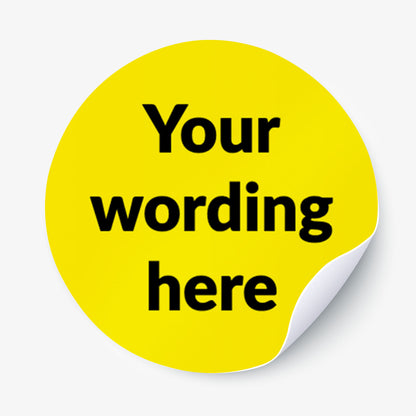 Yellow round sticker with customisable text on a white background