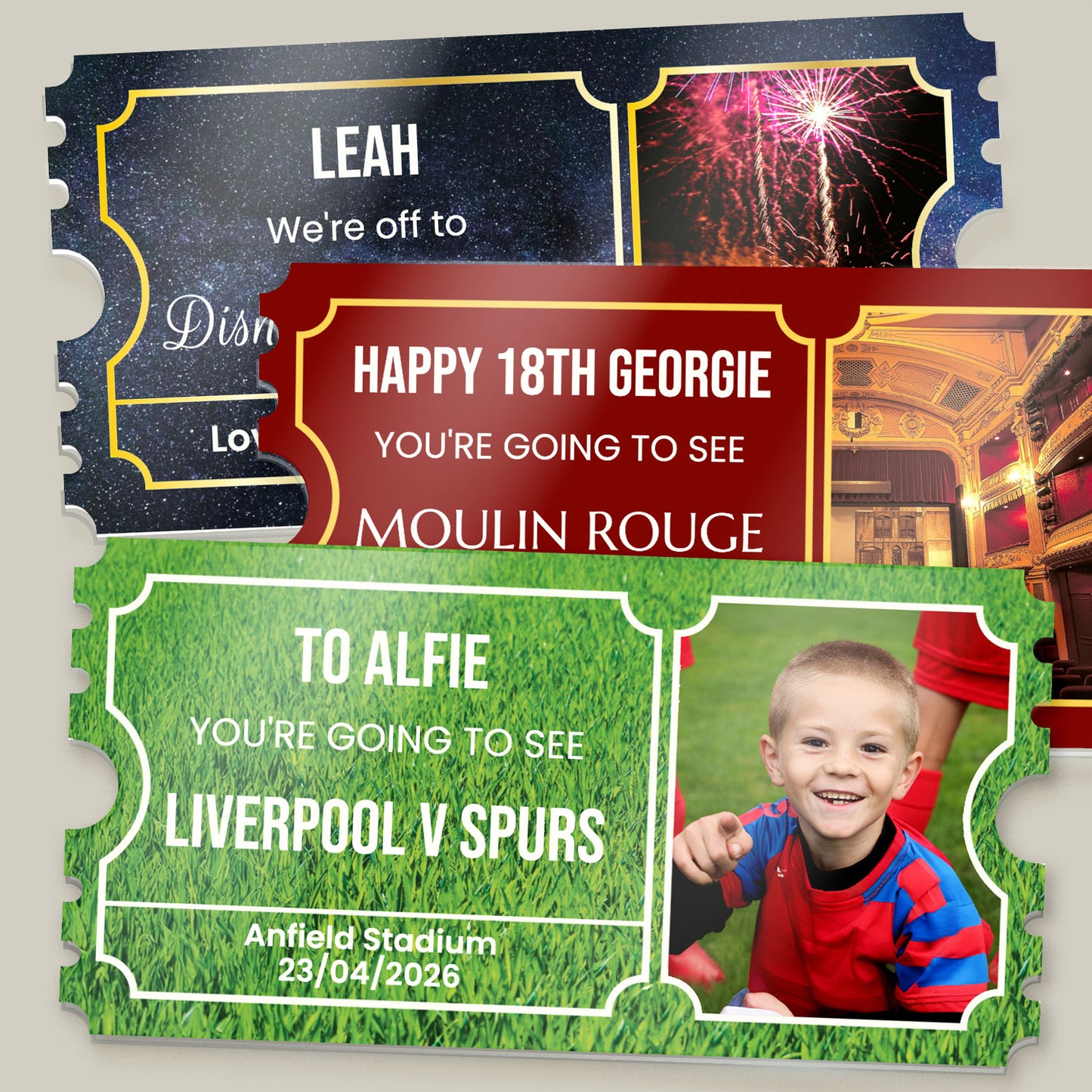 Ticket-style invitation with event details and a photo of a child, featuring fireworks and stadium images.
