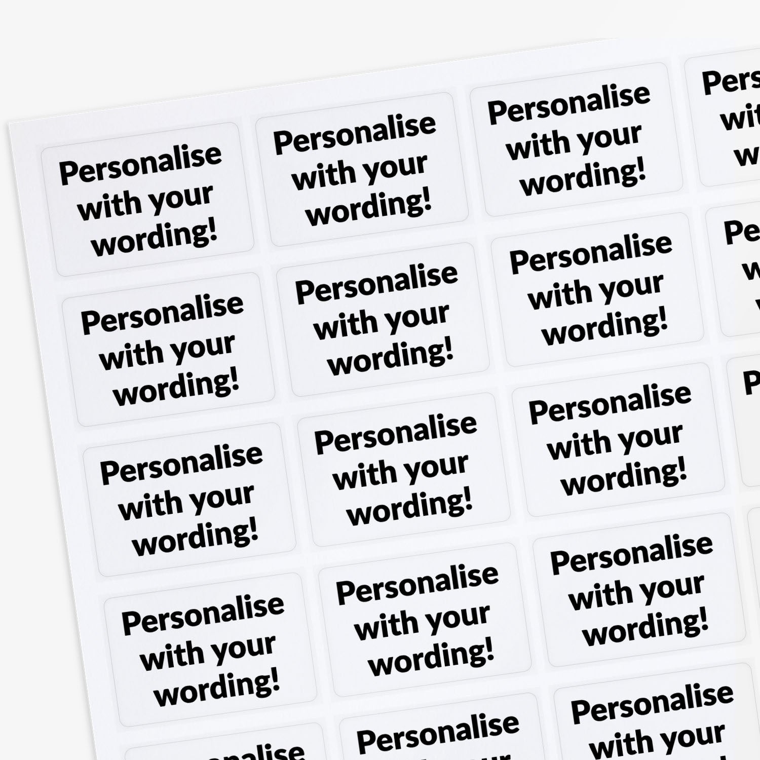 Sheet of customizable stickers with black text and white background.