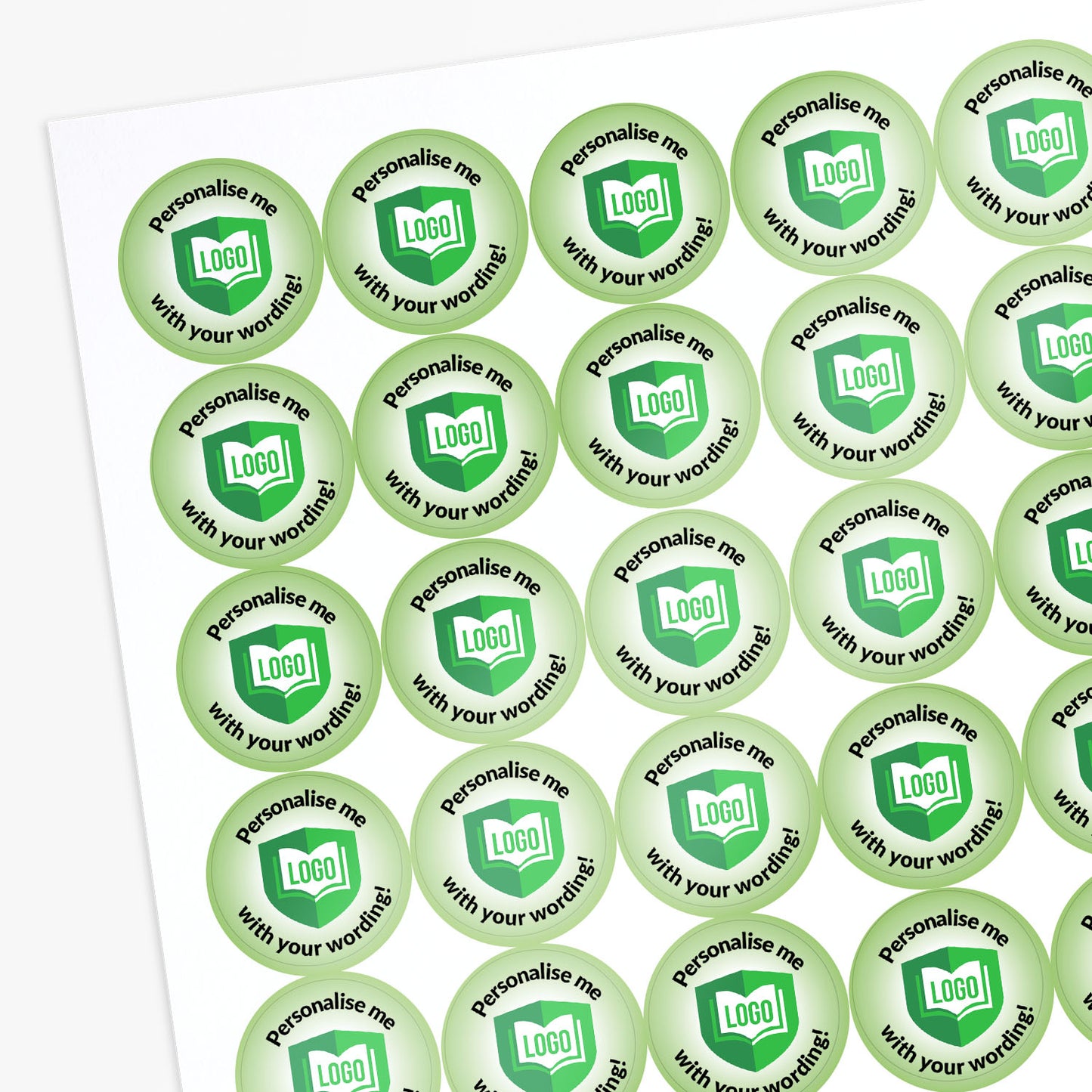 Sheet of green stickers with text and logo, arranged in a grid on a white background.