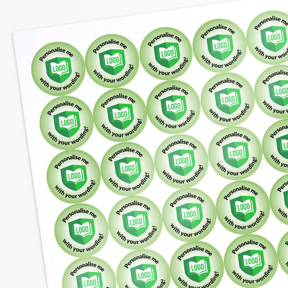 Sheet of green stickers with text and logo, arranged in a grid on a white background.