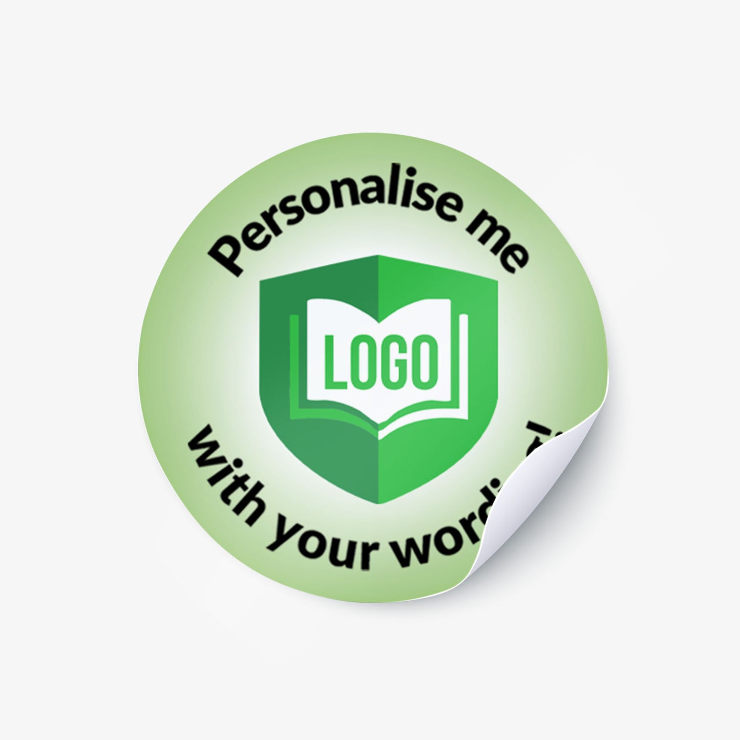 Green round sticker with text 'Personalise me' and placeholder for logo on a white background