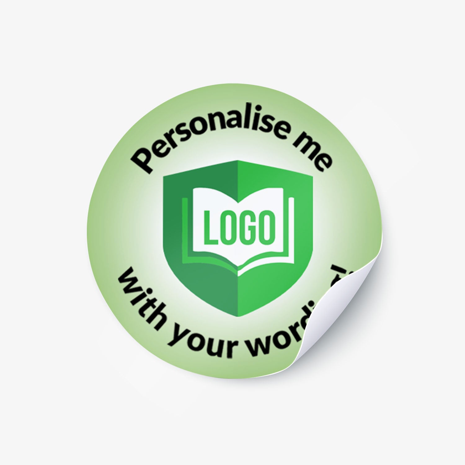 Green round sticker with text 'Personalise me' and placeholder for logo on a white background