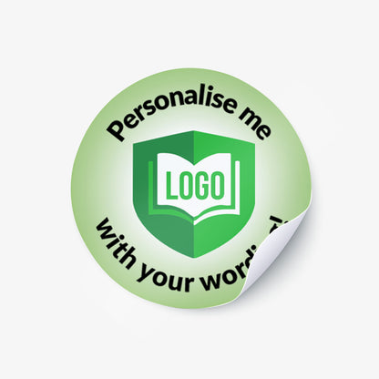 Green round sticker with text 'Personalise me' and placeholder for logo on a white background