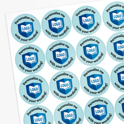 Sheet of round customisable label with text and logo on a White background.
