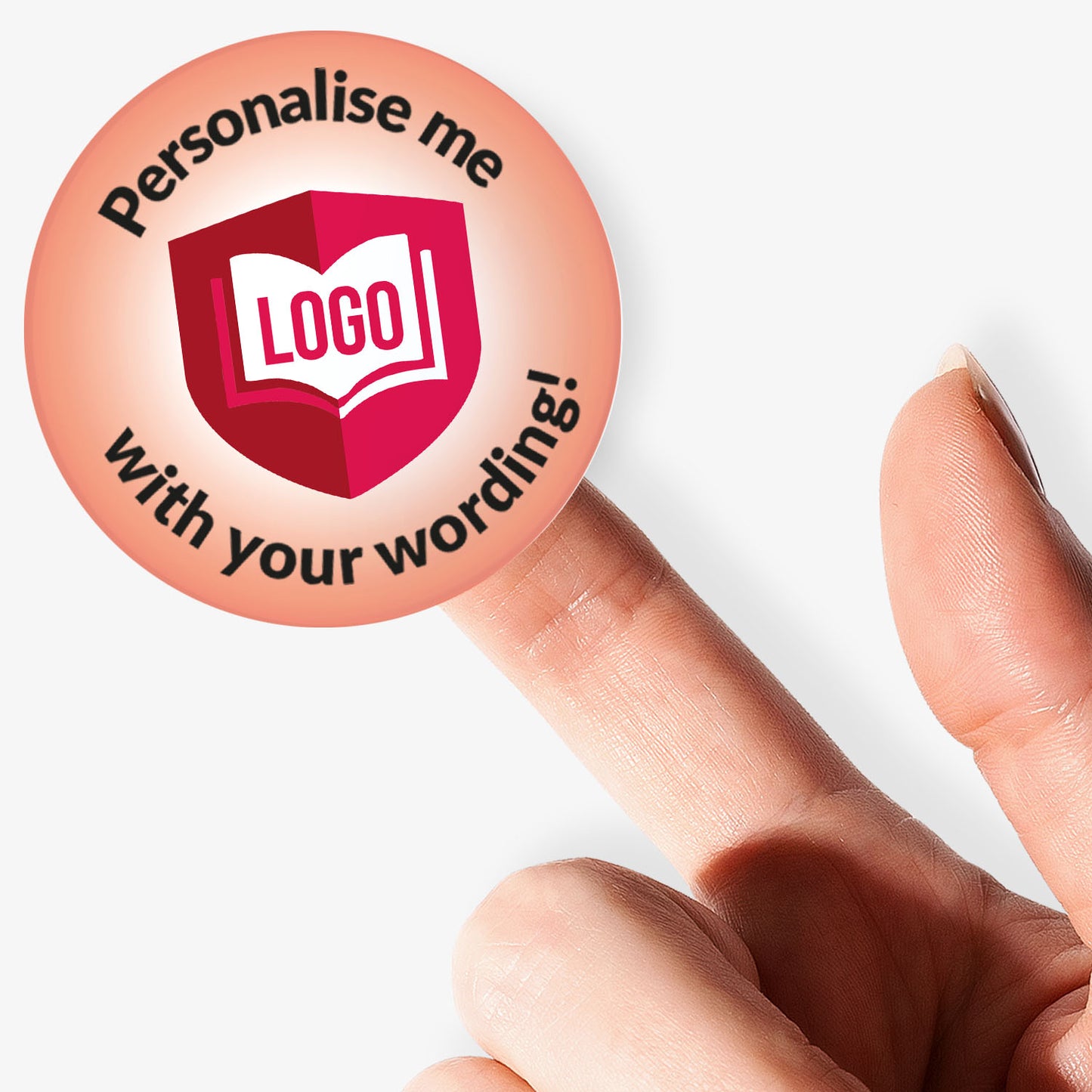 Personalised circular sticker with text 'Personalise me with your wording!' and a logo placeholder held by a hand.