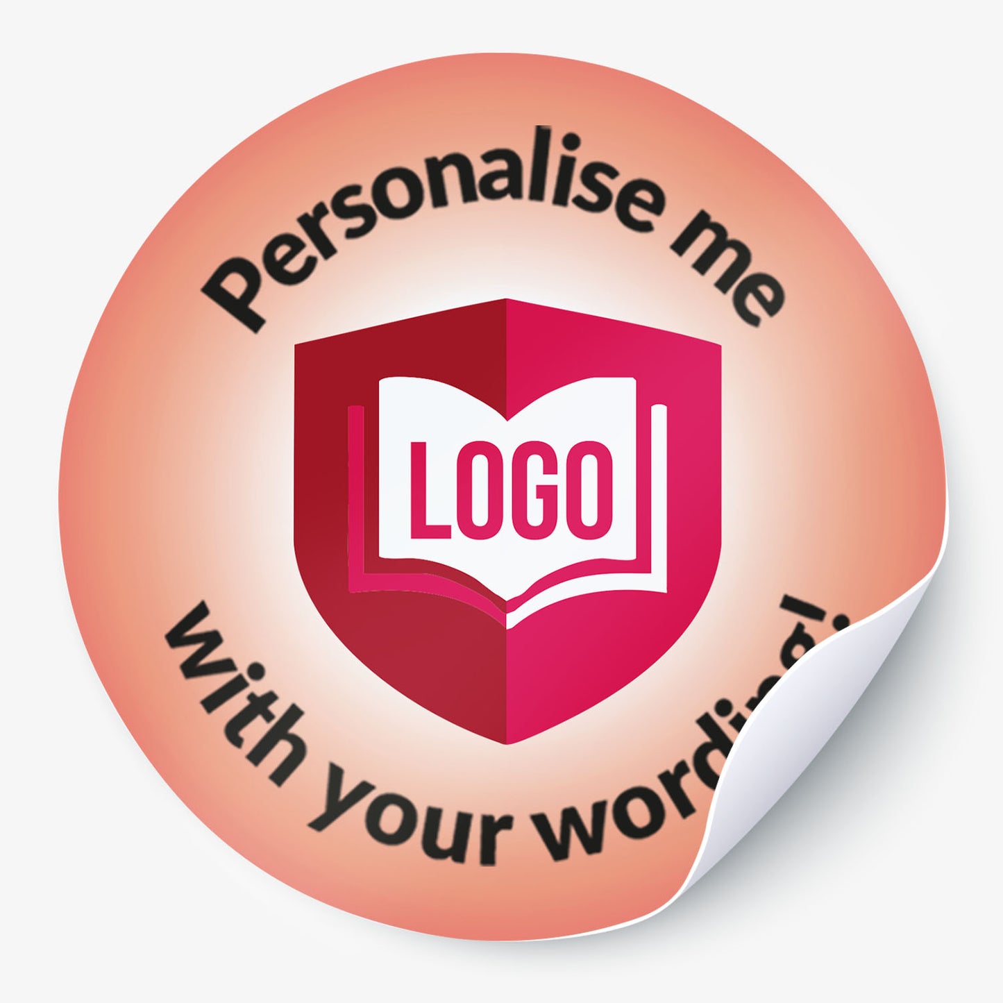 Personalised circular sticker with text 'Personalise me with your wording!' and a logo placeholder.