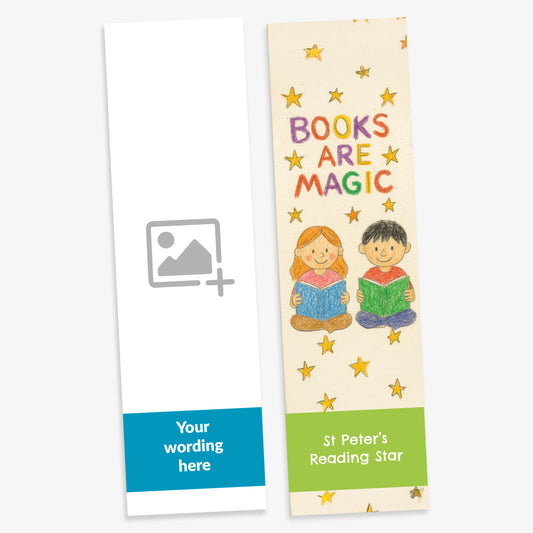 Children's bookmark with 'Books Are Magic' text and illustrations of a boy and girl reading, on a white background.  Upload you on image and text.