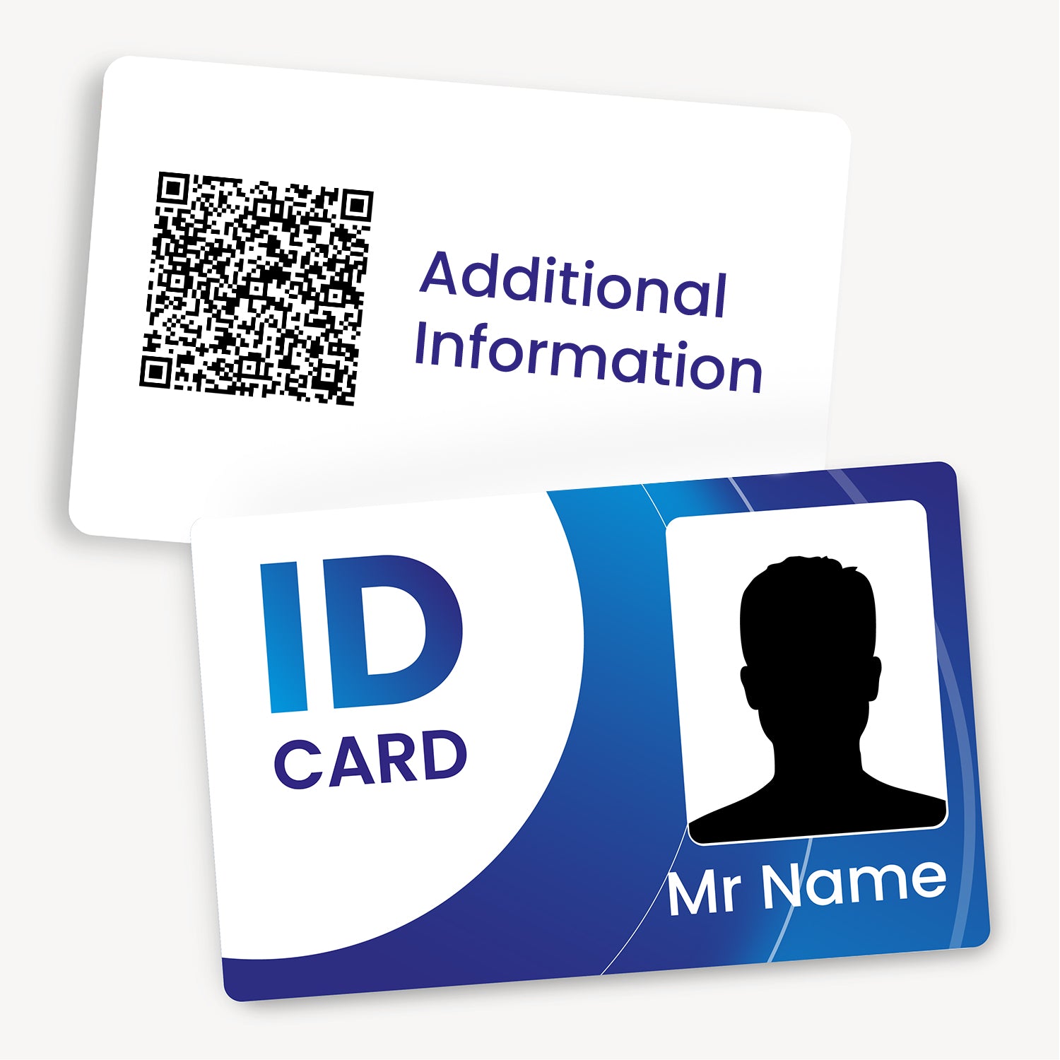 Customisable ID card measuring 86mm by 54mm, featuring a an icon that the full front of the card is an 'Upload your image'.  You also see the reverse of the card with Additional Information.