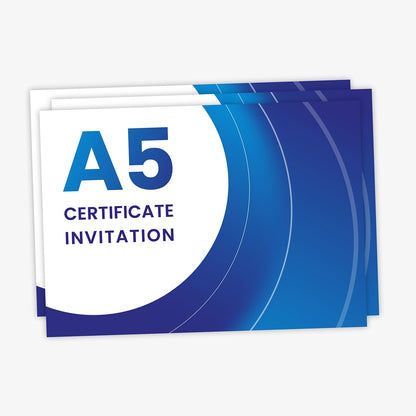 Stack of A5 certificate invitations with a modern blue gradient design featuring curved lines. The text on the front reads 'A5 Certificate Invitation' in bold blue lettering on a white circular section.