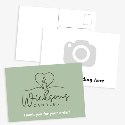 Customisable A6 postcard invitation template. The design includes an uploaded business logo. Also shown are the reverse side with a standard postcard layout for address and stamp, and a version with a grey camera icon indicating space for a photo.