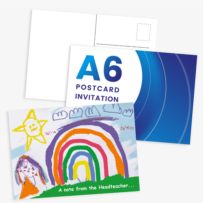 Customisable A6 postcard invitation template. The design includes a blue gradient with curved lines and bold text reading 'A6 POSTCARD INVITATION'. Also shown are the reverse side with a standard postcard layout for address and stamp, and a version with a grey camera icon indicating space for a photo.