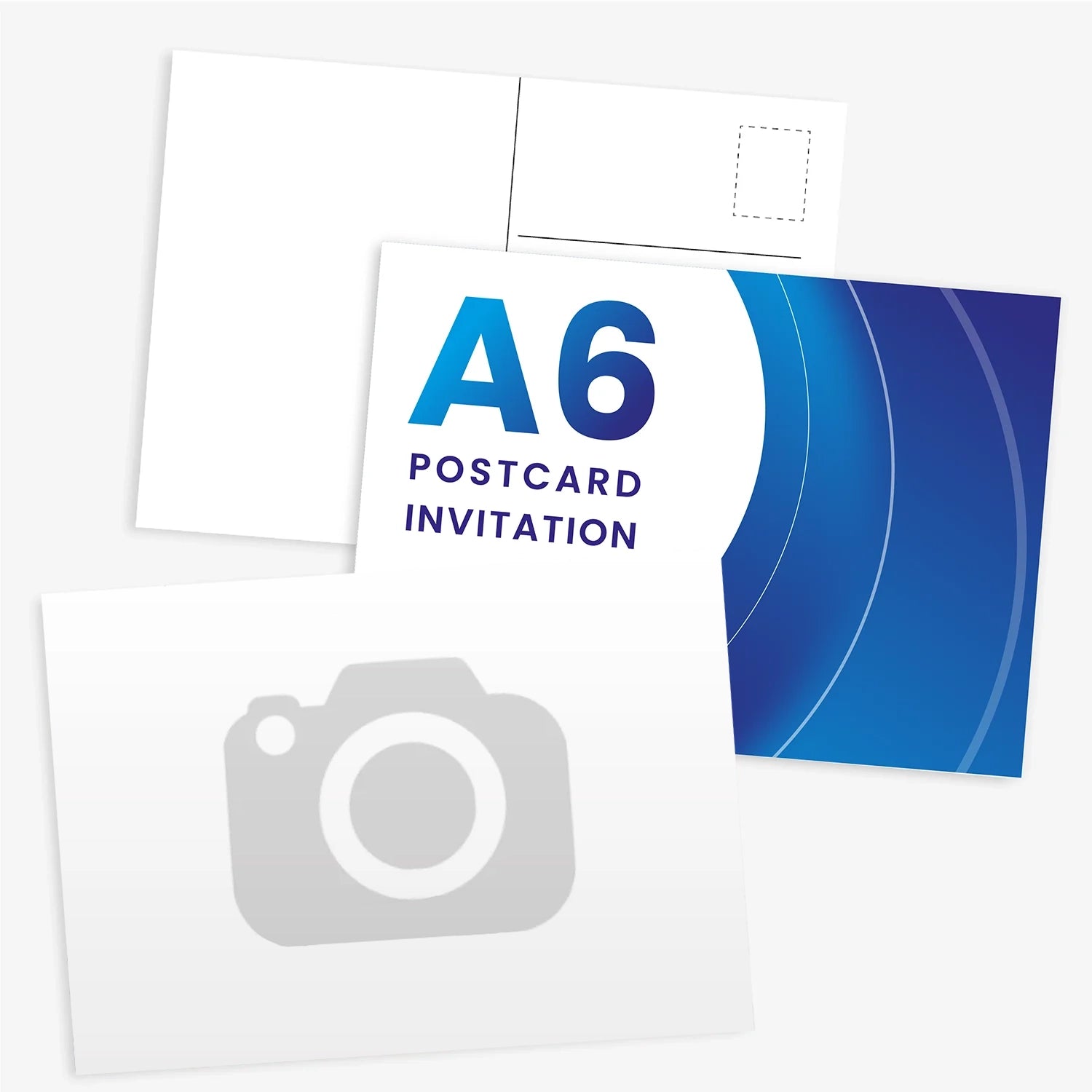 A collection of A6 size postcards laid out flat, with one showing a camera icon suggesting the option to upload your own image, and text indicating it can be used as a postcard invitation.