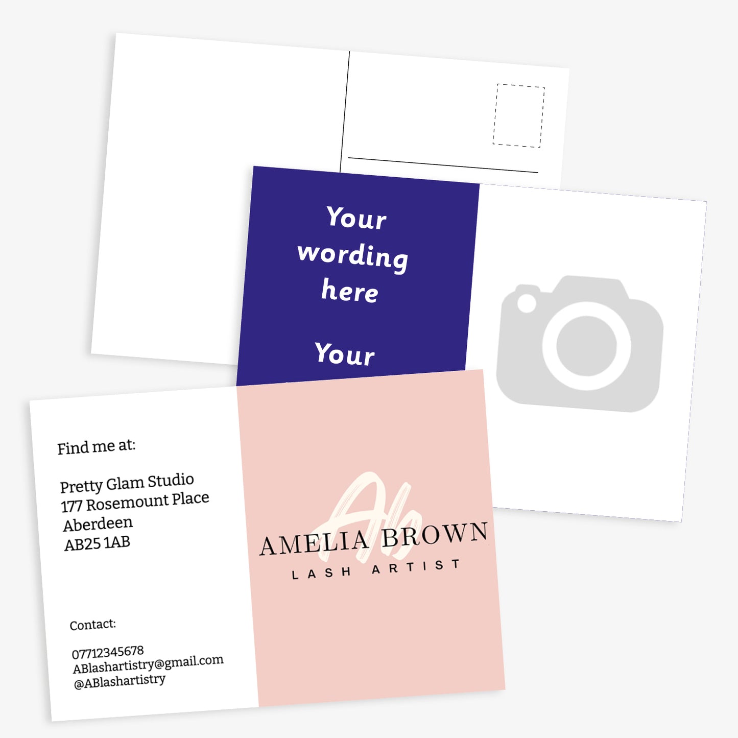 Customisable business postcard featuring the logo of a business and their contact details. The second postcard side shows placeholder text 'Your wording here' on a blue panel and a grey camera icon indicating space for a photo, alongside the standard postcard address layout reverse.