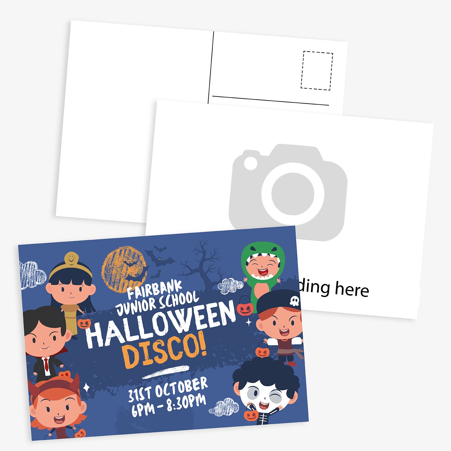 Halloween disco invitation card with cartoon characters on a blue background.  Upload your own image and text to this product.