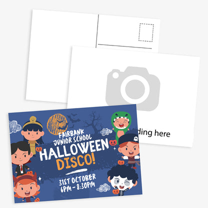 Halloween disco invitation card with cartoon characters on a blue background.  Upload your own image and text to this product.